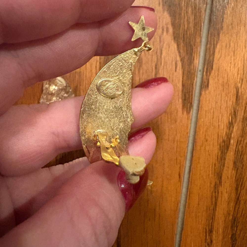 Vintage Kirks Folly Gold Moon Face Star Earrings with Compass and Crystal Accent - Picture 5 of 7